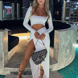 Hollow Out High Split Slim Long Sleeve Autumn Club Party Elegant Long Vestidos Maxi Dress