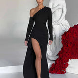 Inclined Shoulder Long High Split Slim Bodycon Sexy Autumn Winter Maxi Dress