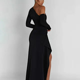 Inclined Shoulder Long High Split Slim Bodycon Sexy Autumn Winter Maxi Dress