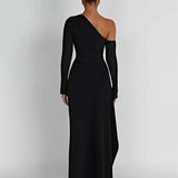 Inclined Shoulder Long High Split Slim Bodycon Sexy Autumn Winter Maxi Dress