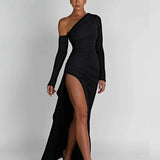 Inclined Shoulder Long High Split Slim Bodycon Sexy Autumn Winter Maxi Dress
