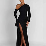 Inclined Shoulder Long High Split Slim Bodycon Sexy Autumn Winter Maxi Dress