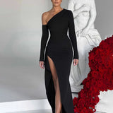 Inclined Shoulder Long High Split Slim Bodycon Sexy Autumn Winter Maxi Dress