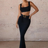 Knitted Crop Top Maxi Long Skirts Slim Summer Club Party 2 Piece Dress
