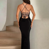 Knitted Bodycon Spaghetti Strap Backless Nightclub Sexy Spring Summer Maxi Dress