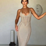 Knitted Bodycon Spaghetti Strap Backless Nightclub Sexy Spring Summer Maxi Dress