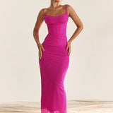 Lace Mesh Slim Bodycon Spaghetti Strap Summer Nightclub Elegant Long Midi Dress