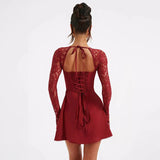 Lace Patchwork Waist Wrap A-line Autumn Winter Backless Nightclub Party Mini Dress
