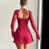 Lace Patchwork Waist Wrap A-line Autumn Winter Backless Nightclub Party Mini Dress