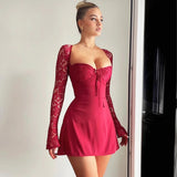 Lace Patchwork Waist Wrap A-line Autumn Winter Backless Nightclub Party Mini Dress