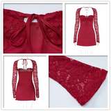 Lace Patchwork Waist Wrap A-line Autumn Winter Backless Nightclub Party Mini Dress