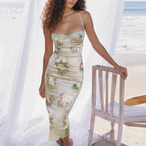 Lace Print Spaghetti Strap Summer Strapless Nightclub Sexy Slim Bodycon Midi Dress