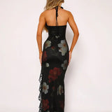 Lace Side Print Slim Bodycon Long Backless Nightclub Sexy Summer Maxi Dress