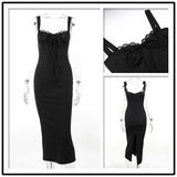 Lace Side Spaghetti Strap Summer Elegant Long Nightclub Sexy Midi Dress