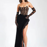 Lace Patchwork Elegant Long Summer High Split Backless Nightclub Sexy Midi Dress