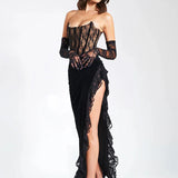 Lace Patchwork Elegant Long Summer High Split Backless Nightclub Sexy Midi Dress