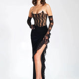 Lace Patchwork Elegant Long Summer High Split Backless Nightclub Sexy Midi Dress