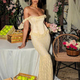 Mermaid Long Off Shoulder Lace Patchwork Backless Sexy Spring Summer Maxi Dress