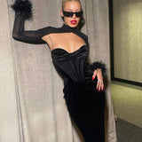 Mesh Long Sleeve Autumn Winter Long Sexy Elegant Slim Bodycon Midi Dress