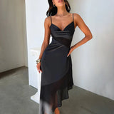 Mesh Patchwork Long Spaghetti Strap Asymmetric Sexy Spring Summer Maxi Dress