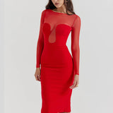 Mesh Patchwork Slim Bodycon Autumn Winter Elegant Long Midi Dress