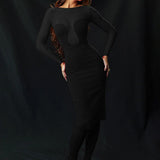 Mesh Patchwork Slim Bodycon Autumn Winter Elegant Long Midi Dress
