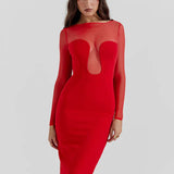 Mesh Patchwork Slim Bodycon Autumn Winter Elegant Long Midi Dress