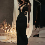 Mesh Patchwork Slim Bodycon One Shoulder Autumn Winter Long Sexy Midi Dress