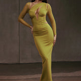Mesh Patchwork Slim Bodycon One Shoulder Autumn Winter Long Sexy Midi Dress