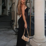 Mesh Patchwork Slim Bodycon Strapless Spring Summer Long Backless Party Maxi Dress