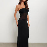 Mesh Patchwork Slim Bodycon Strapless Spring Summer Long Backless Party Maxi Dress