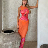 Mesh Perspective Print Elegant Long Slim Bodycon Spring Summer Maxi Dress