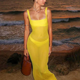 Mesh Perspective Spaghetti Strap Slim Bodycon Elegant Long Spring Summer Maxi Dress