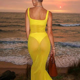 Mesh Perspective Spaghetti Strap Slim Bodycon Elegant Long Spring Summer Maxi Dress