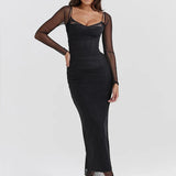 Mesh Pleated Slim Bodycon Long Backless Nightclub Sexy Party Maxi Dress