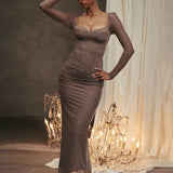 Mesh Pleated Slim Bodycon Long Backless Nightclub Sexy Party Maxi Dress