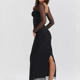 Mesh Pleated Slim Bodycon Long Backless Nightclub Sexy Party Maxi Dress