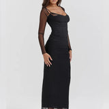 Mesh Pleated Slim Bodycon Long Backless Nightclub Sexy Party Maxi Dress