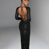 Autumn Winter Strapless High Split Nightclub Sexy Backless Slim Bodycon Midi Dress
