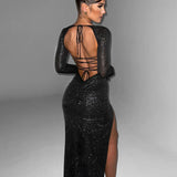 Autumn Winter Strapless High Split Nightclub Sexy Backless Slim Bodycon Midi Dress