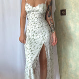 Print Spaghetti Strap Summer Slim Bodycon Nightclub High Split Sexy Midi Dress