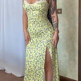 Print Spaghetti Strap Summer Slim Bodycon Nightclub High Split Sexy Midi Dress