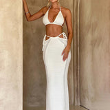 Nightclub Party Knitting Halter Crop Top Maxi Skirts Slim Summer 2 Piece Dress