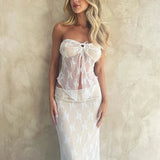 Nightclub Party Lace Strapless Crop Top Maxi Skirts Slim Summer 2 Piece Dress