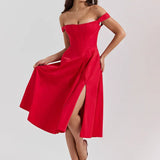 Off Shoulder A-line Spaghetti Strap Spring Summer Print Split Sexy Midi Dress