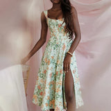 Off Shoulder A-line Spaghetti Strap Spring Summer Print Split Sexy Midi Dress