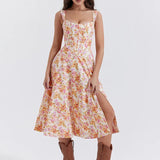 Off Shoulder A-line Spaghetti Strap Spring Summer Print Split Sexy Midi Dress