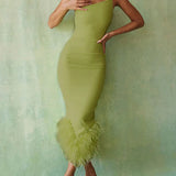 One Shoulder Halter Feather Summer Club Party Temperament Elegant Slim Bodycon Midi Dress