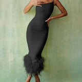 One Shoulder Halter Feather Summer Club Party Temperament Elegant Slim Bodycon Midi Dress