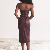 PU Leather Long Slim Bodycon Summer Spaghetti Strap Sexy Midi Dress